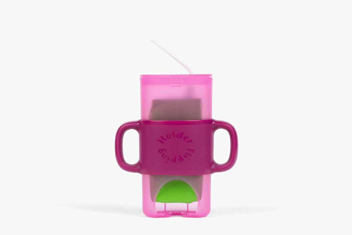 Flipping Holder KiddyTrek 4-in-1 nursing and feeding set with raspberry food pouch, juice box holder, snack cup, and sip cup.
