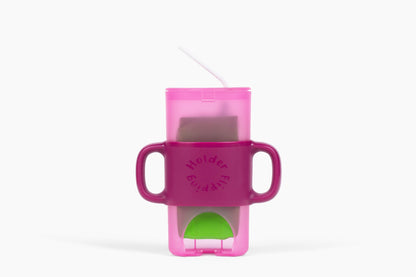 Flipping Holder KiddyTrek 4-in-1 nursing and feeding set with raspberry food pouch, juice box holder, snack cup, and sip cup.