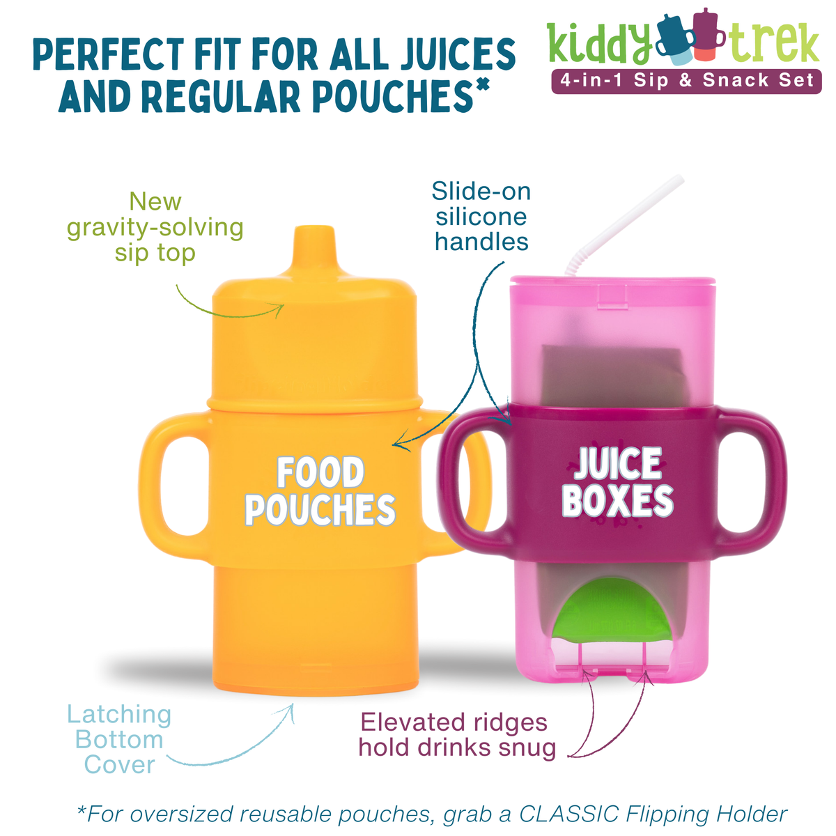 Flipping Holder KiddyTrek 4-in-1 nursing and feeding set with raspberry snack cup, juice box holder, food pouch, and sip cup.