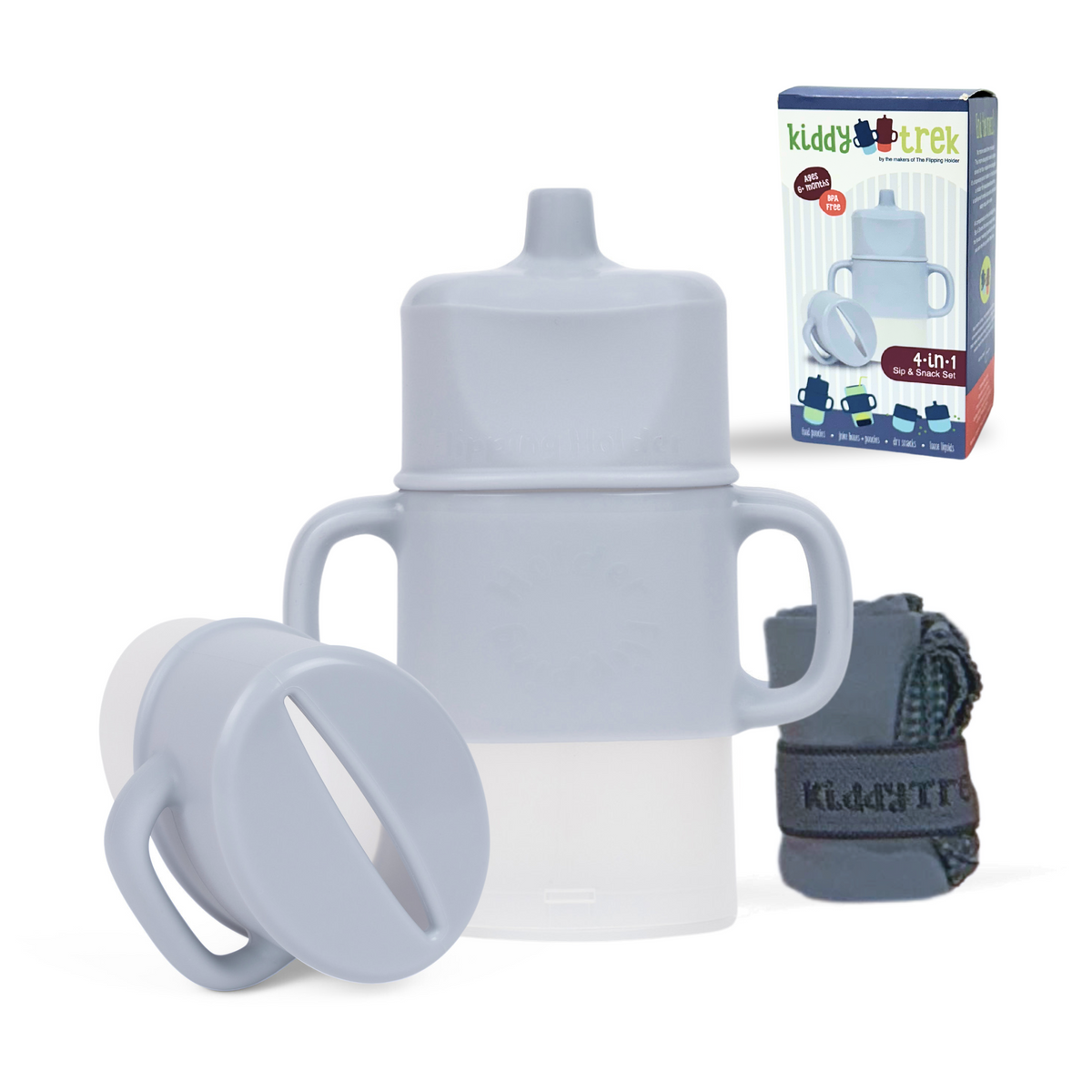 Flipping Holder KiddyTrek 4-in-1 nursing and feeding set with raspberry food pouch, juice box holder, snack cup, and sip cup in one.
