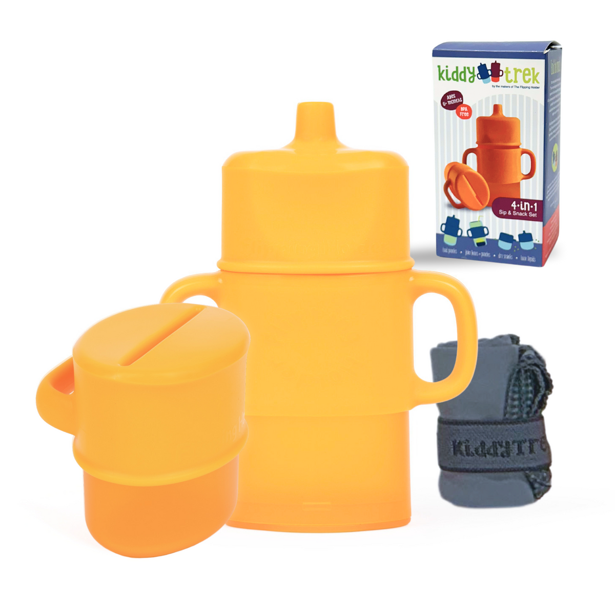 Flipping Holder KiddyTrek 4-in-1 nursing and feeding set with raspberry food pouch, juice box holder, snack cup, and sip cup.