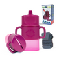 Flipping Holder KiddyTrek 4-in-1 sip and snack set for toddlers, featuring a food pouch, juice box holder, snack cup, and sip cup.
