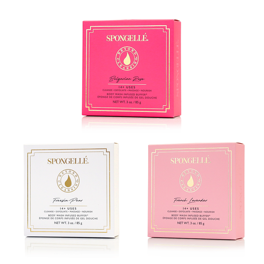 Spongellé floral boxed flower set featuring body wash infused buffers with colorful flower designs in a decorative box.