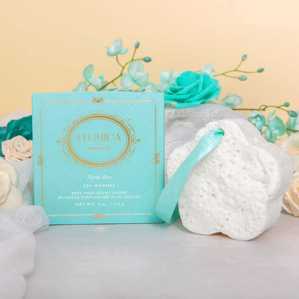 Spongellé Mystic Rose Body Buffer infused with floral essence, designed for gentle cleansing and exfoliation.