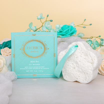 Spongellé Mystic Rose Body Buffer infused with floral essence, designed for gentle cleansing and exfoliation.