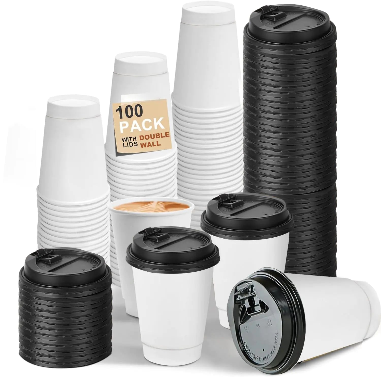 LEAGIM 100 Pack 12 oz Leak-Proof Coffee Cups with Lids Double Wall Disposable Paper To Go Hot Insulated Coffee Cups for Home Office Business Cafes and Parties