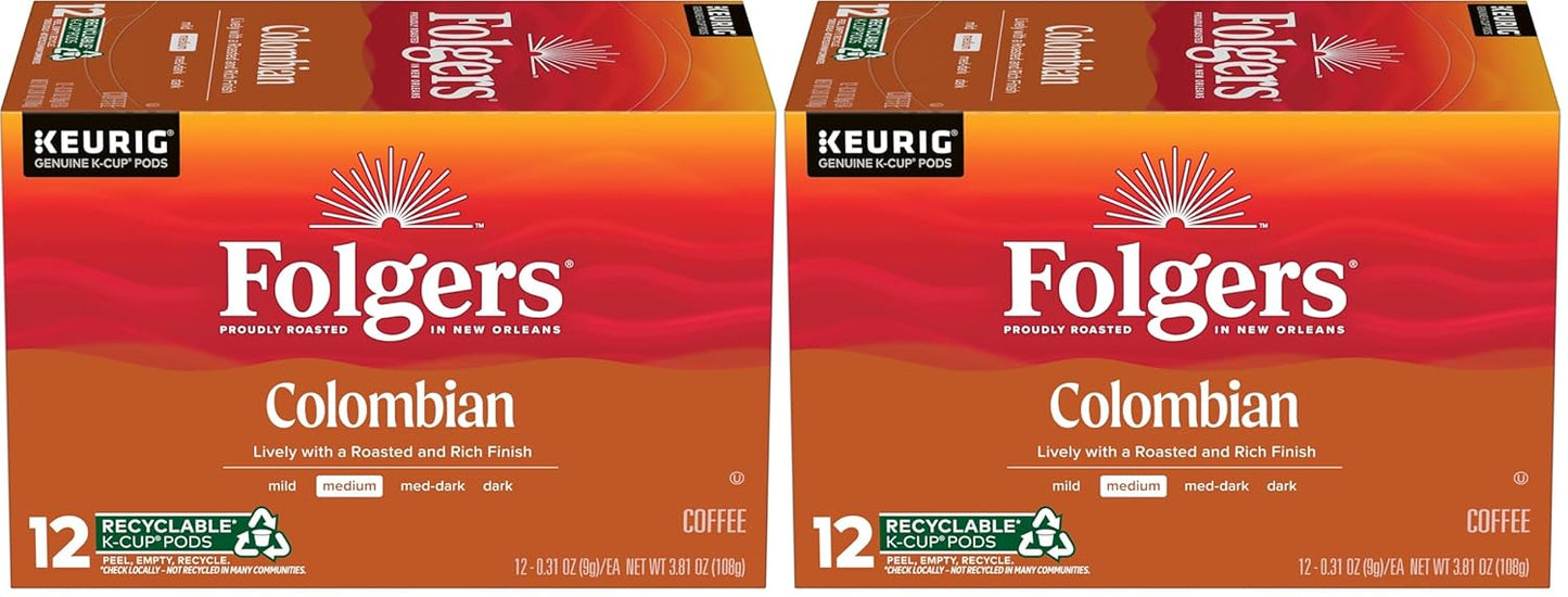 Six packs of Folgers Breakfast Blend Coffee Keurig K-Cup pods, mild roast, 10 pods per pack, stacked in a display box.