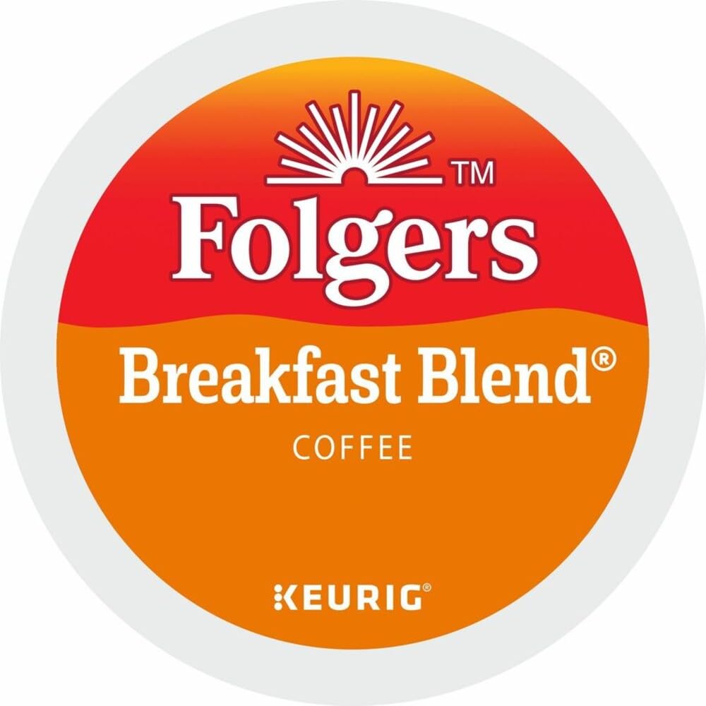 Pack of six Folgers Breakfast Blend Coffee Keurig K-Cup pods, mild roast, 10 pods each, for convenient single-serve brewing.