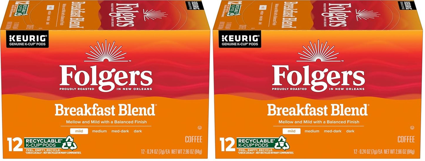 Six packs of Folgers Breakfast Blend Coffee Keurig K-Cup pods, mild roast, with images of the coffee cups and packaging.