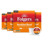 Six packs of Folgers Breakfast Blend Coffee Keurig K-Cup pods, mild roast, with 10 pods per pack, stacked in a display.