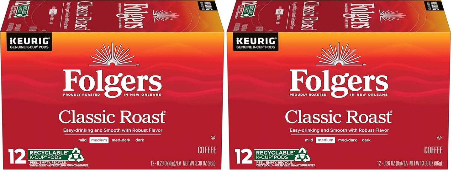 Six packs of Folgers Breakfast Blend Coffee Keurig K-Cup pods, mild roast, 10 pods per pack, for single-serve coffee brewing.
