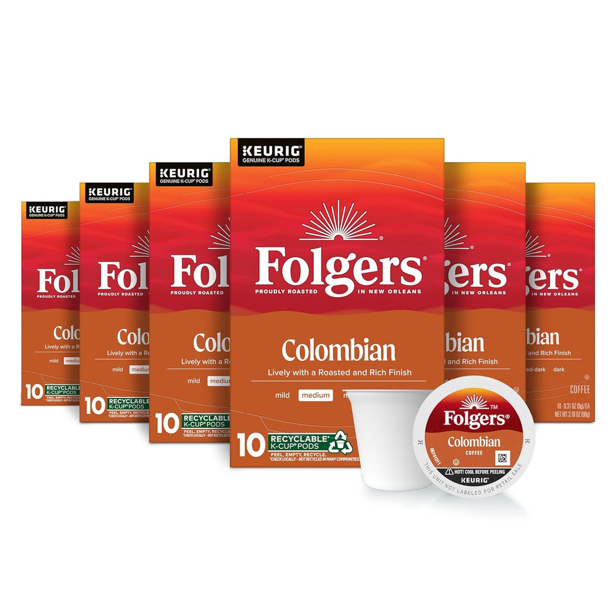 Six packs of Folgers Breakfast Blend Coffee Keurig K-Cup pods, mild roast, 10 pods per pack, stacked in a display box.