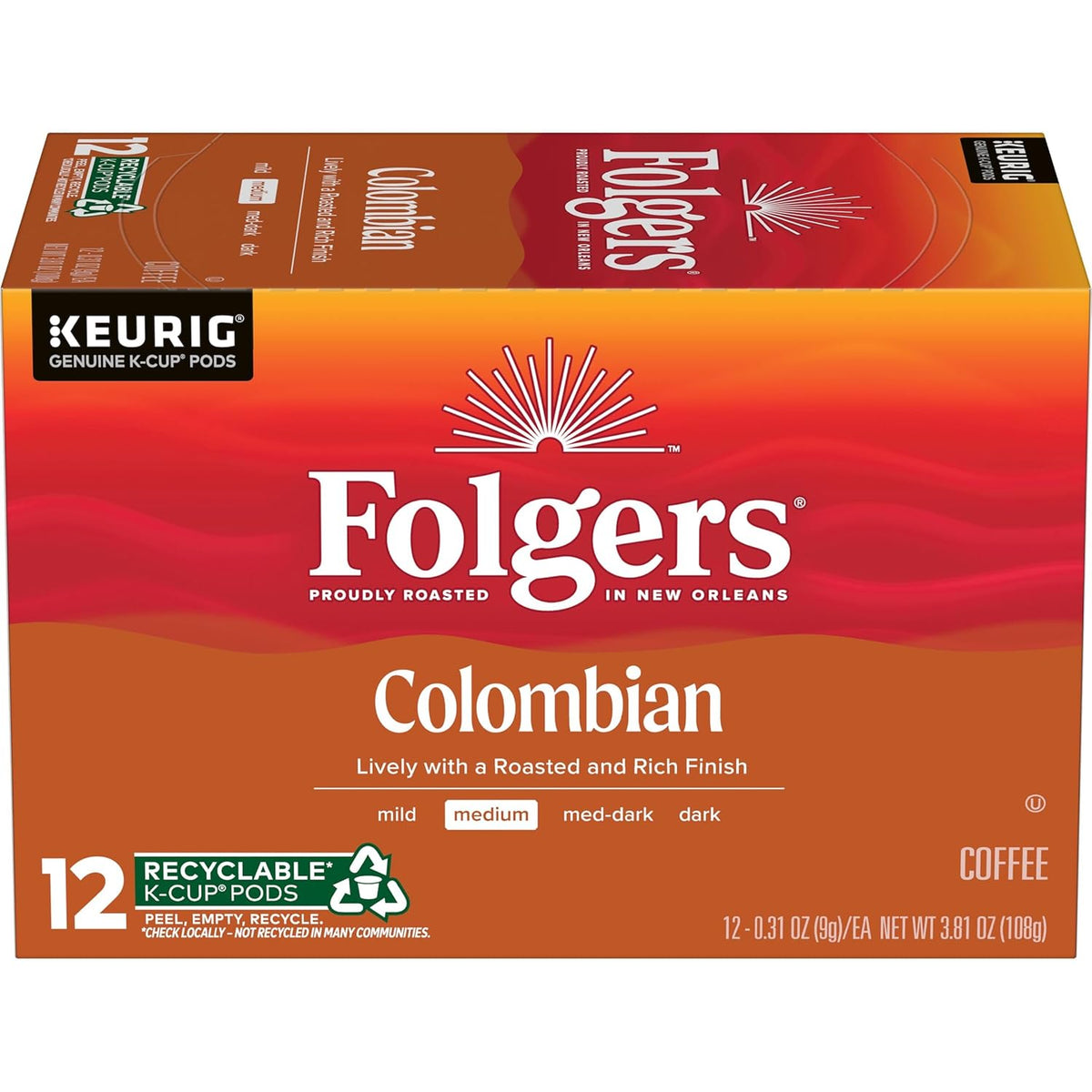 Six packs of Folgers Breakfast Blend Coffee Keurig K-Cup pods, mild roast, 10 pods per pack, shown in the image.