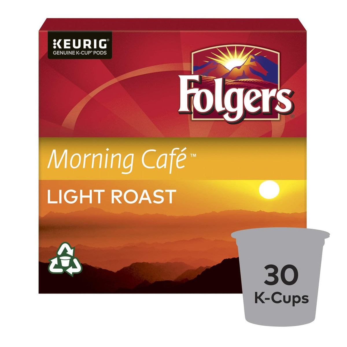 Six packs of Folgers Breakfast Blend Coffee Keurig K-Cup pods, mild roast, 10 pods per pack, perfect for breakfast brewing.