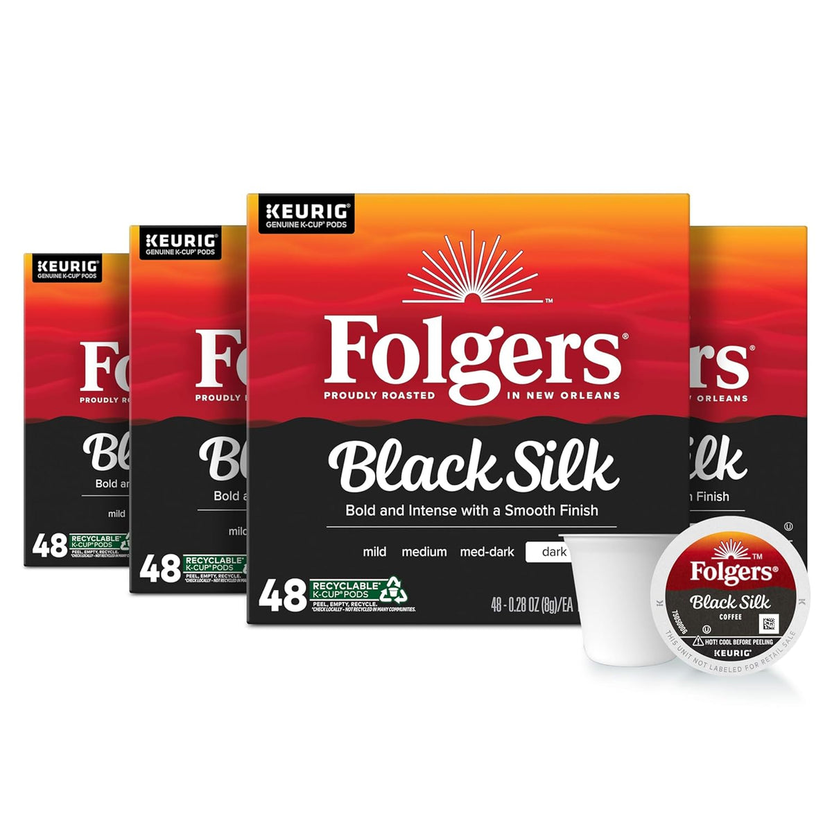 Six packs of Folgers Breakfast Blend Coffee Keurig K-Cup pods, mild roast, 10 pods per pack, in a clear display.