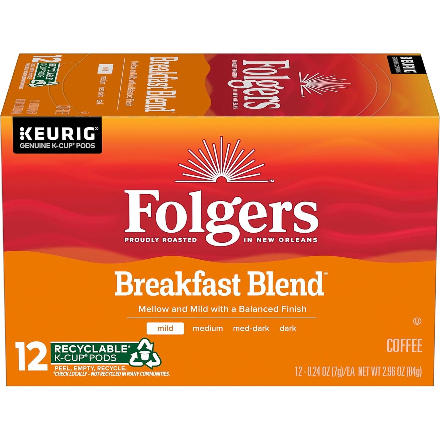 Pack of six Folgers Breakfast Blend Coffee Keurig K-Cup pods, mild roast, 10-count each for breakfast brewing.