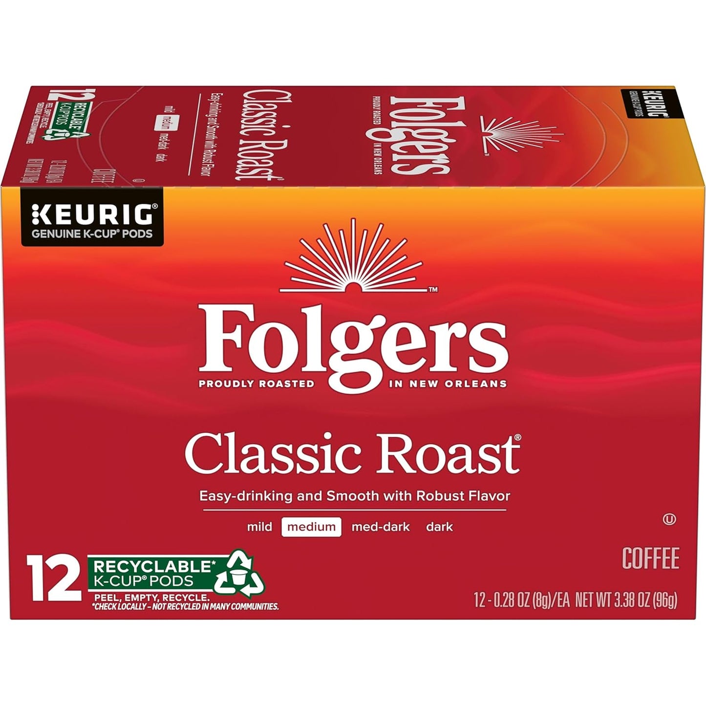 Six packs of Folgers Breakfast Blend Coffee Keurig K-Cup pods, mild roast, 10 pods per pack, suitable for single-serve coffee makers.
