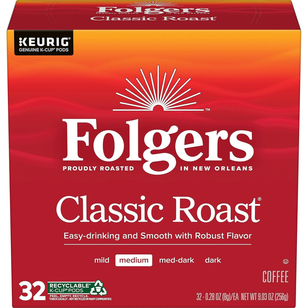 Six packs of Folgers Breakfast Blend Coffee Keurig K-Cup pods, mild roast, 10-count each, in a clear view of the packaging.