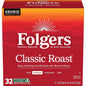 Six packs of Folgers Breakfast Blend Coffee Keurig K-Cup pods, mild roast, 10-count each, in a clear view of the packaging.