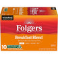 Six packs of Folgers Breakfast Blend Coffee Keurig K-Cup pods, mild roast, 10 pods per pack, for easy brewing.