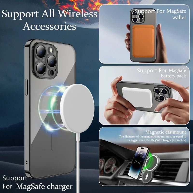 For Magsafe Fashion Plating Lens Protector Case For iPhone 11 12 13 14 15 Pro Max Plus Silicone Wireless Magnetic Charging Cover - BACKUPMYFILESNOW.COM®