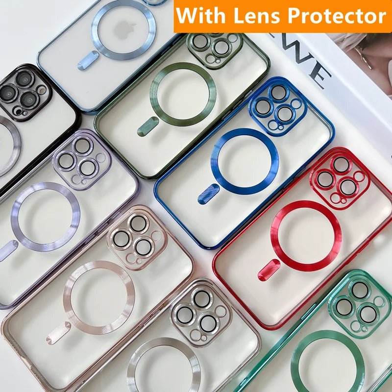 For Magsafe Fashion Plating Lens Protector Case For iPhone 11 12 13 14 15 Pro Max Plus Silicone Wireless Magnetic Charging Cover - BACKUPMYFILESNOW.COM®