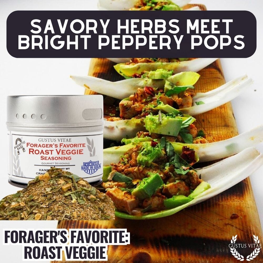 Gustus Vitae Forager's Favorite Roast Veggie Seasoning in a spice jar, ideal for enhancing roasted vegetable dishes.