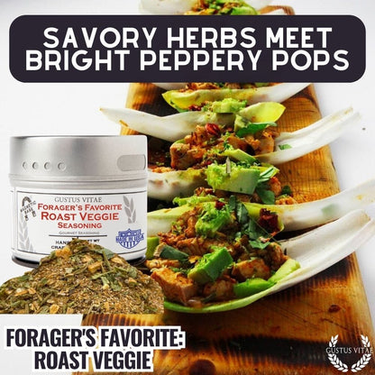 Gustus Vitae Forager's Favorite Roast Veggie Seasoning in a spice jar, ideal for enhancing roasted vegetable dishes.