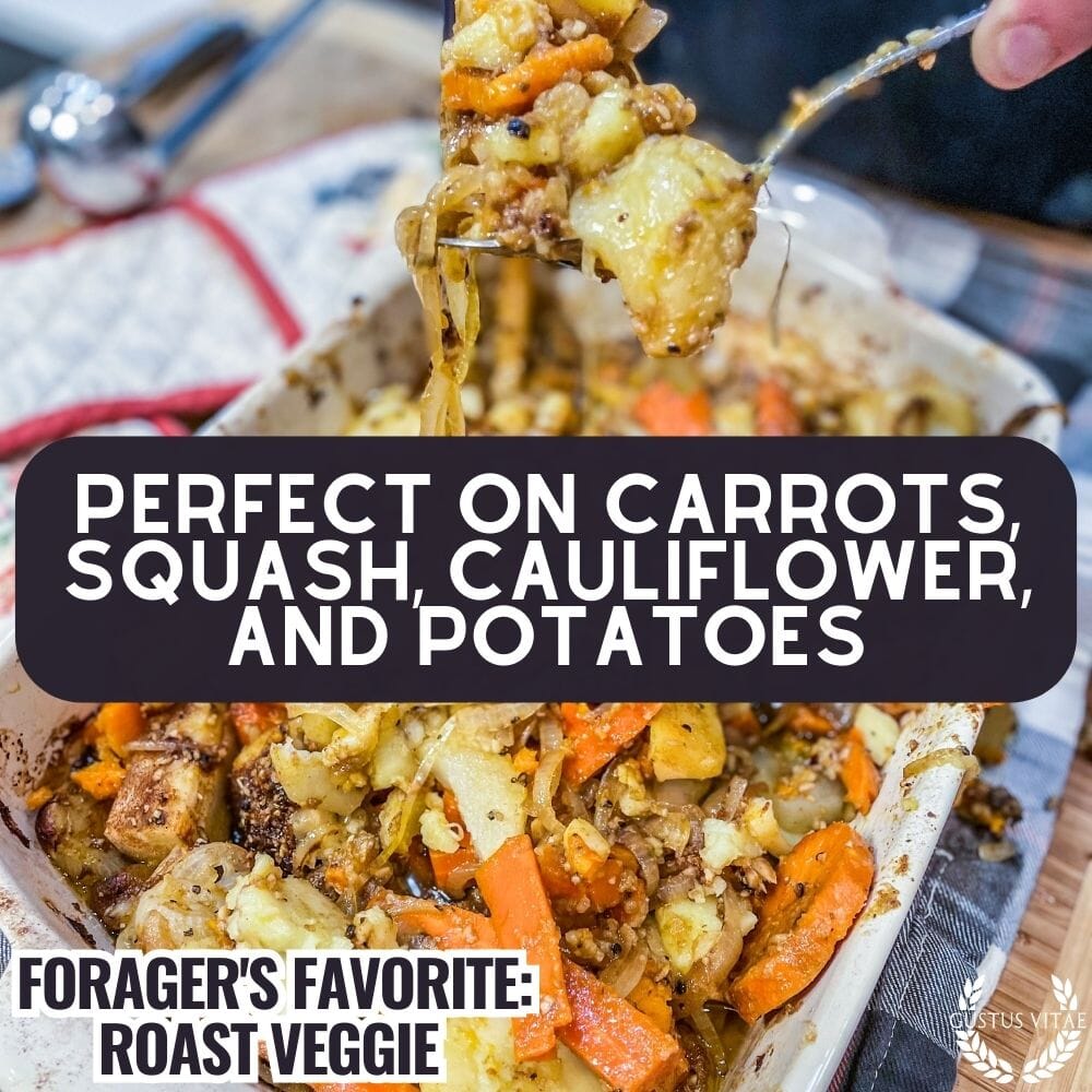 Gustus Vitae Forager's Favorite Roast Veggie Seasoning in a jar, gourmet seasoning blend for vegetables and roasted dishes.
