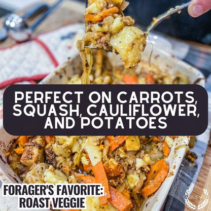 Gustus Vitae Forager's Favorite Roast Veggie Seasoning in a jar, gourmet seasoning blend for vegetables and roasted dishes.