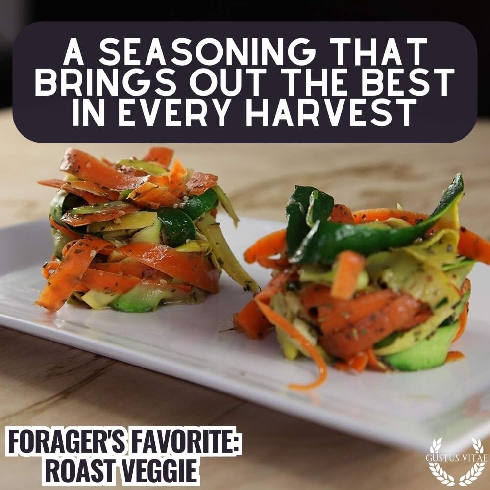 Gustus Vitae Forager's Favorite Roast Veggie Seasoning in a jar, gourmet seasoning blend for roasted vegetables and flavorful dishes.