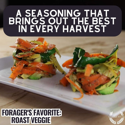 Gustus Vitae Forager's Favorite Roast Veggie Seasoning in a jar, gourmet seasoning blend for roasted vegetables and flavorful dishes.