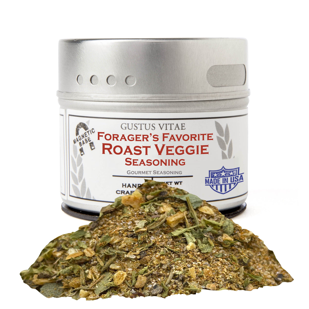 Gustus Vitae Forager's Favorite Roast Veggie Seasoning in a jar, gourmet seasoning blend for vegetables and roasted dishes.