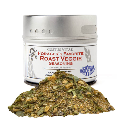 Gustus Vitae Forager's Favorite Roast Veggie Seasoning in a jar, gourmet seasoning blend for vegetables and roasted dishes.