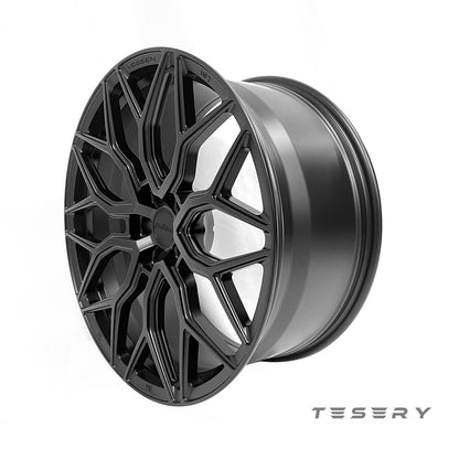 Set of four TESERY Apex Spider-Y forged wheels designed for Tesla Model 3, Model Y, and Model S, featuring a sleek, sporty look.