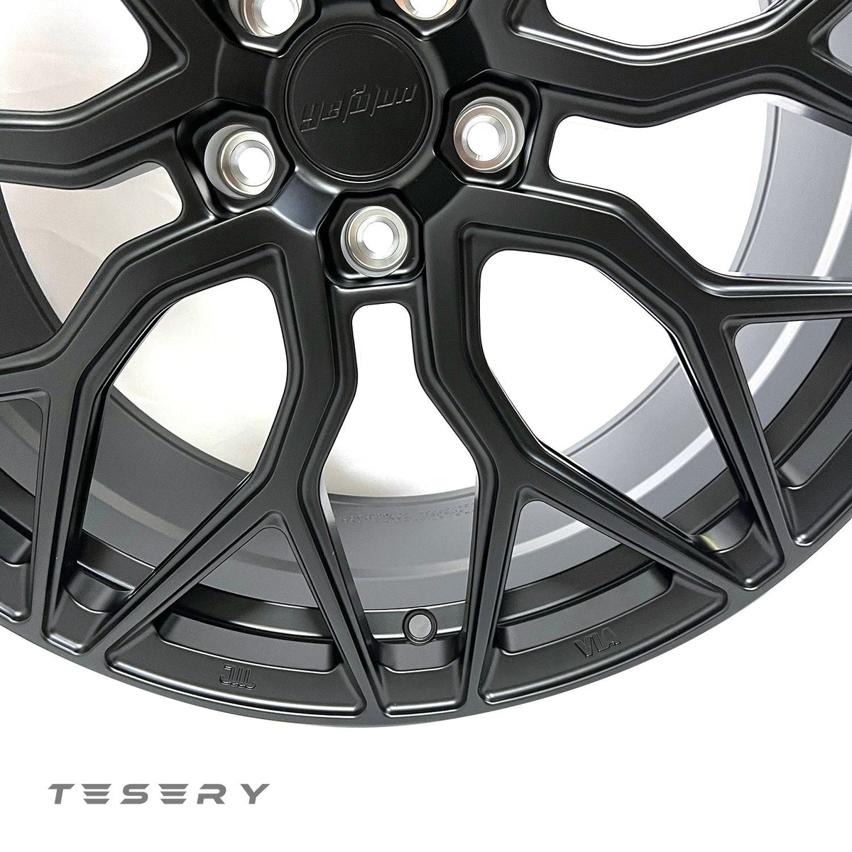 Set of four TESERY Apex Spider-Y forged wheels for Tesla Model 3, Y, and S, showcasing sleek, high-performance wheel design.