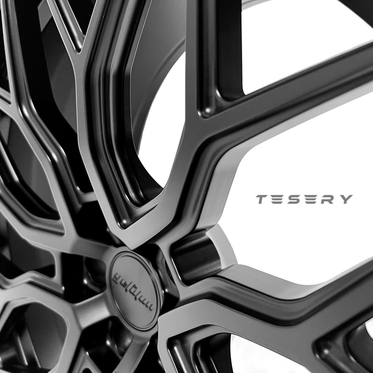 Set of four TESERY Apex Spider-Y forged wheels designed for Tesla Model 3, Model Y, and Model S retrofit with a sleek, modern look.