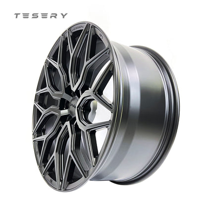 Set of four TESERY Apex Spider-Y forged wheels for Tesla Model 3, Model Y, and Model S, featuring a sleek, aerodynamic design.