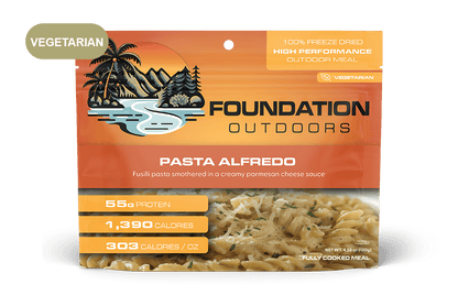 Foundation Outdoors Pasta Alfredo Meal in a ready-to-eat container, showing creamy Alfredo sauce and pasta ready to serve.