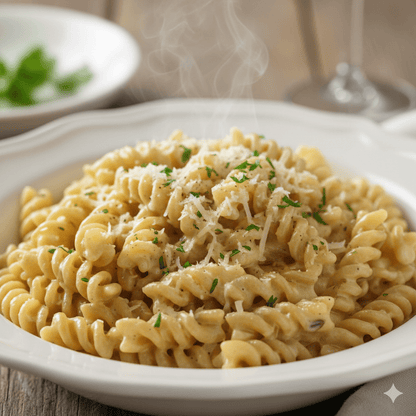 Foundation Outdoors Pasta Alfredo Meal in a prepared ready-to-eat package with creamy pasta and Alfredo sauce.