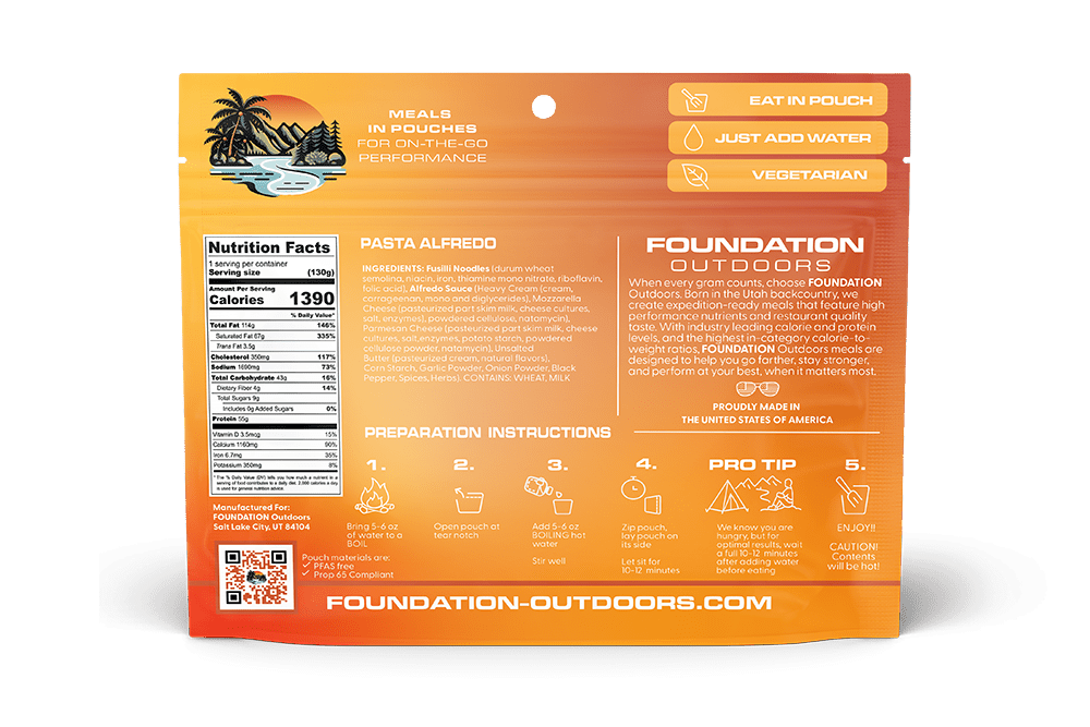 Creamy Pasta Alfredo meal by FOUNDATION Outdoors, served in a bowl with visible pasta and Alfredo sauce.
