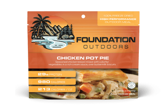 Foundation Outdoors Chicken Pot Pie Meal in a single pouch, featuring hearty chicken and vegetable filling in a convenient meal pouch.