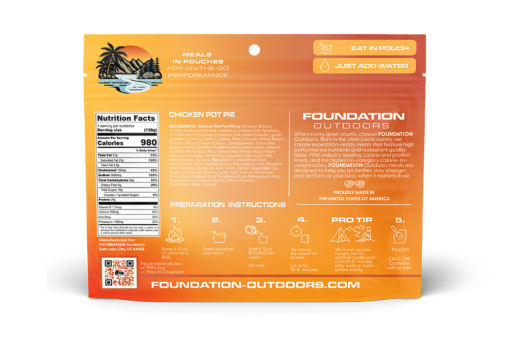Foundation Outdoors chicken pot pie meal pouch, ready-to-eat camping meal with savory chicken filling in a durable pouch.
