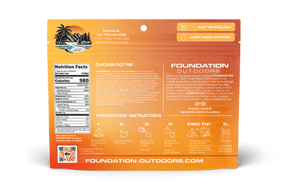 Foundation Outdoors chicken pot pie meal pouch, ready-to-eat camping meal with savory chicken filling in a durable pouch.