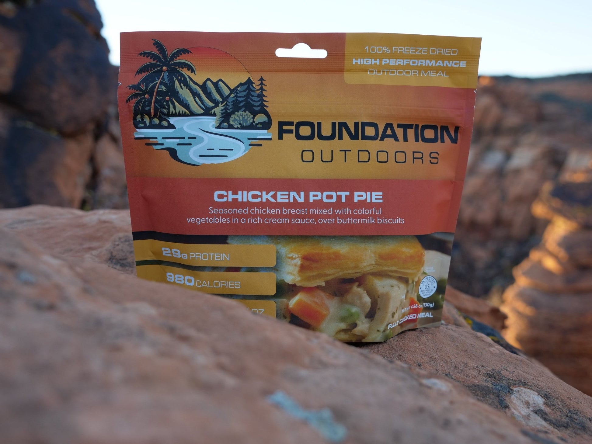 Single pouch of FOUNDATION Outdoors Chicken Pot Pie Meal, showing the ready-to-eat meal in a convenient outdoor-ready pouch.