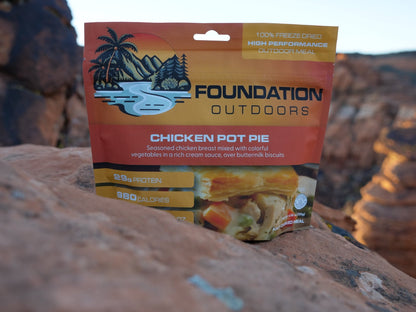 Single pouch of FOUNDATION Outdoors Chicken Pot Pie Meal, showing the ready-to-eat meal in a convenient outdoor-ready pouch.