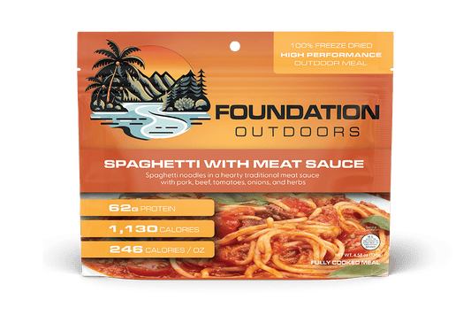 Foundation Outdoors spaghetti with meat sauce meal in a single pouch, ready-to-eat camping food.