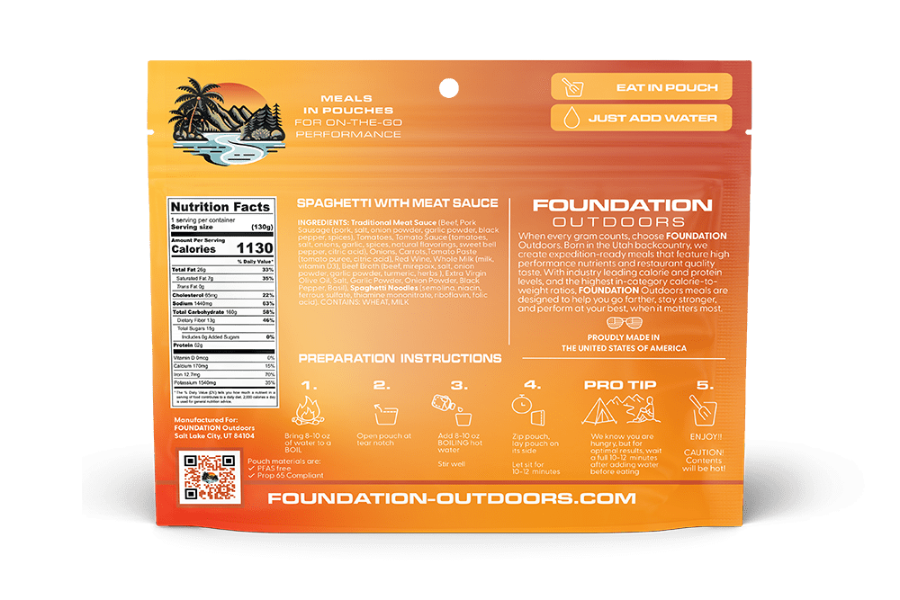 Single pouch of FOUNDATION Outdoors spaghetti with meat sauce meal, showing cooked pasta and rich meat sauce in a convenient pouch.