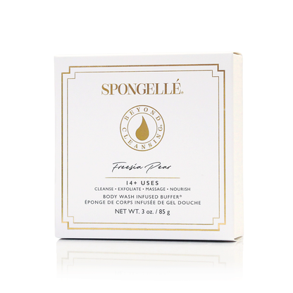 Freesia Pear vegan-friendly body wash infused buffer by Spongellé, showing a close-up of the fragrant floral-scented buffer.