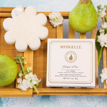 Freesia Pear vegan-friendly body wash infused buffer by Spongellé with fresh freesia and pear scent, displayed in a box.